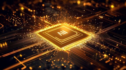 Neon yellow logo radiating from the center of an advanced semiconductor with golden thin lines and intricate electronics set against a deep dark tech background  The image conveys a sense of power