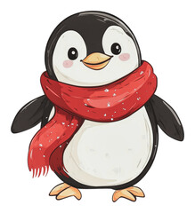Fototapeta premium PNG Cute penguin wearing a red scarf in winter setting