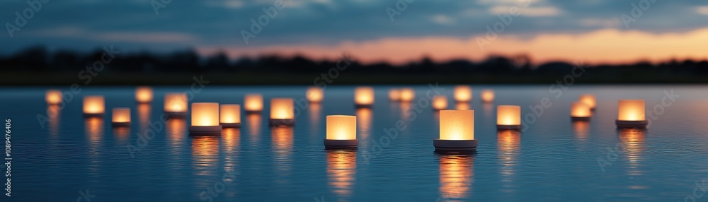 Poster the image depicts floating lanterns illuminating a serene body of water at dusk, creating a tranquil