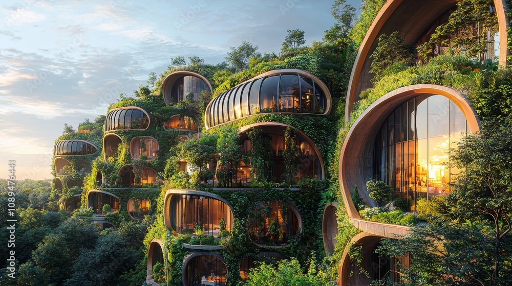 Poster a futuristic, eco-friendly building design featuring rounded structures covered in greenery, seamles
