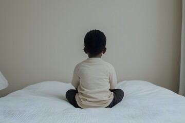 Obraz premium Back View of a Black Kid Sitting Sad on the Bed – Emotional Moment, Childhood Struggles, and Comfort Needed