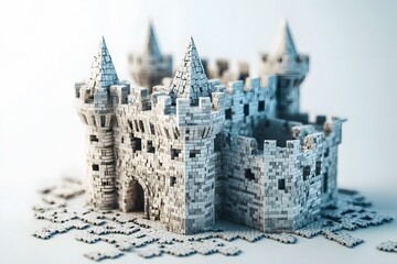 castle with medieval architecture, stone fortress, battlements, towers, stronghold, defense, historic and ancient building under blue sky