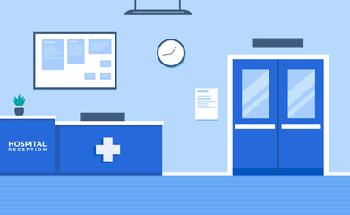 Empty hospital reception in flat style. Indoor hospital reception scene. Vector stock
