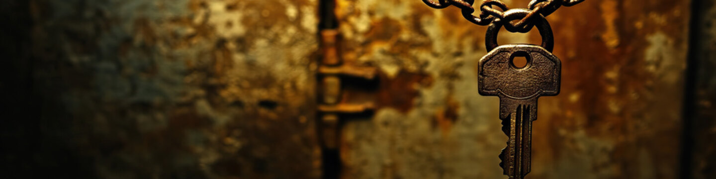 Secret: An ominous photograph of a key dangling from a chain, locked within a shadowy alcove.