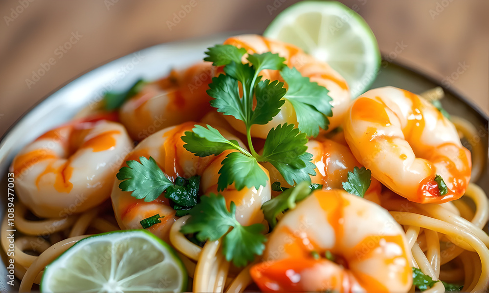 Aufkleber a plate of shrimp and noodles with a garnish of parsley and lime. the shrimp are arranged in a way t
