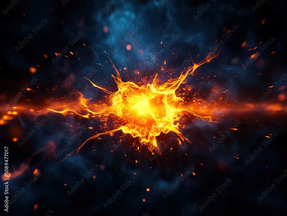 Poster a vibrant explosion of fiery orange against a deep blue cosmic background, creating a dynamic and dr