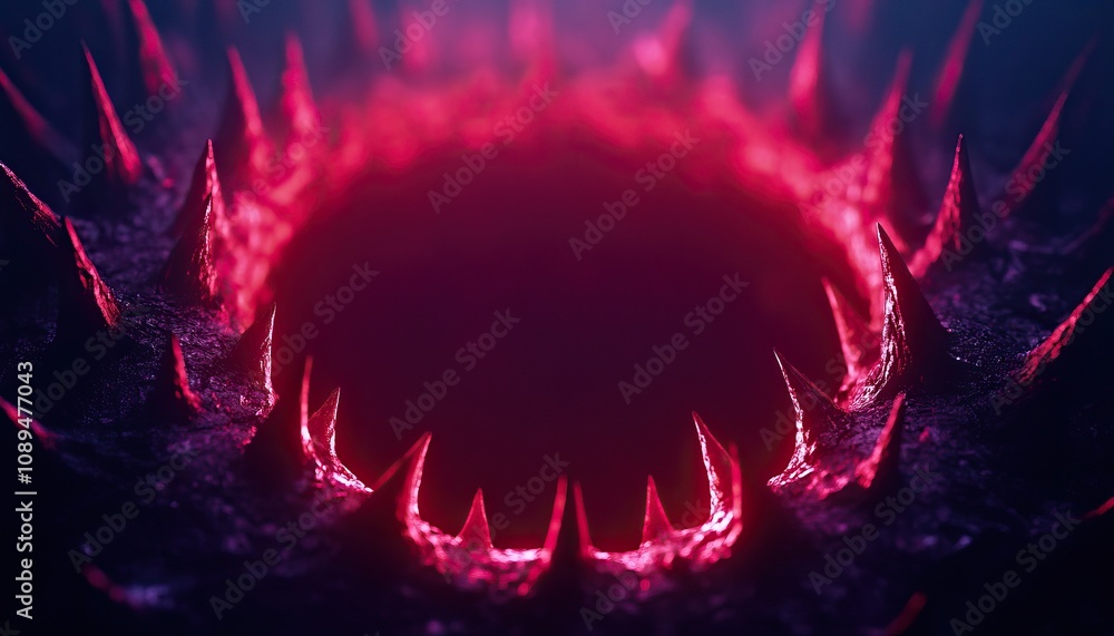Poster a vivid, abstract depiction of a dark circular form surrounded by sharp, glowing red spikes against 