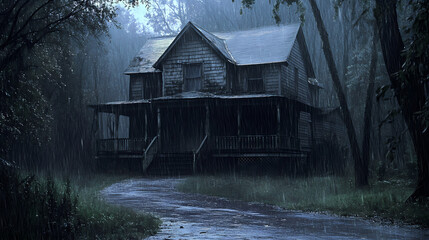 A house with a porch and a driveway is shown in the rain. the house is old and has a creepy vibe. Creepy Haunted Woods. Illustration