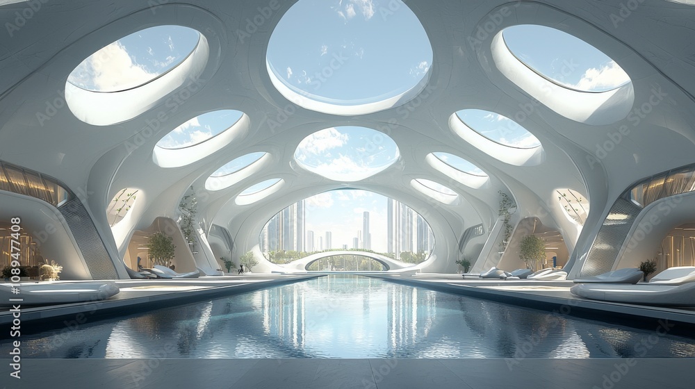 Poster a futuristic indoor space featuring a sleek design with large circular windows and a reflective pool