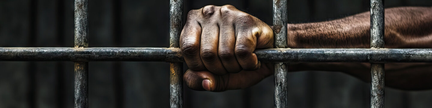 Jailed Rage: A powerful shot of a fist pounding against the bars of a cell, echoing with anger and despair.