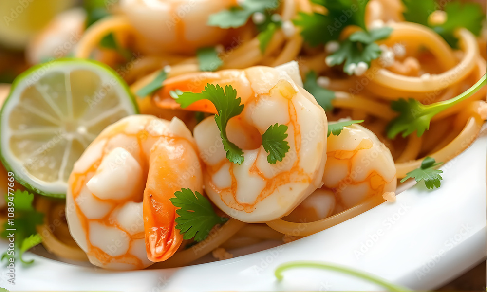 Poster A plate of shrimp and noodles with a lime wedge on the side. The shrimp are arranged in a way that they look like they are standing up, and the lime wedge adds a pop of color to the dish