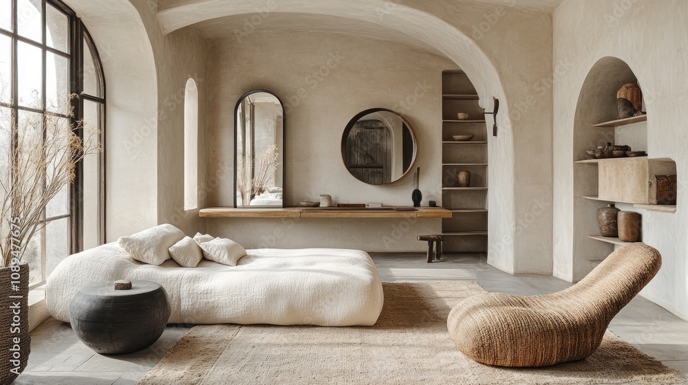 Poster here's a possible and keyword list for your stock photo.. serene minimalist bedroom with arched wind