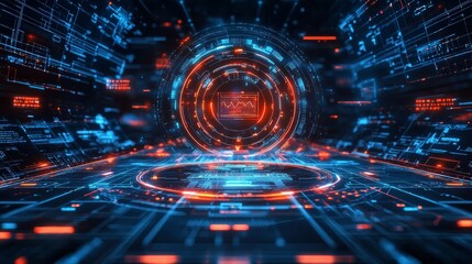 Obraz premium A futuristic digital landscape featuring glowing blue and red patterns, resembling advanced technology or a virtual reality environment.