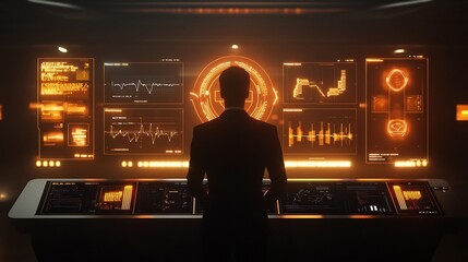 Professional corporate leader standing in front of a futuristic digital dashboard showcasing vibrant glowing icons related to ethics AI law and responsibility