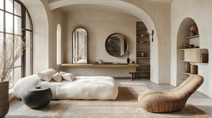 Here's a possible  and keyword list for your stock photo.. Serene minimalist bedroom with arched windows, platform bed, and woven chair.