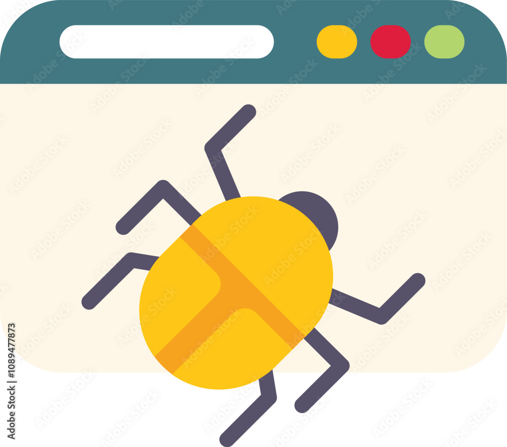 Poster large yellow bug is crawling on a computer webpage, representing online security threats