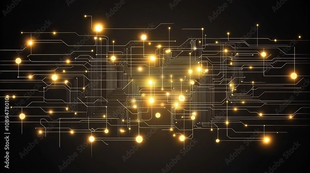 Poster radiant golden circuitry interlaced with computer motherboard elements on a dark elegant canvas show