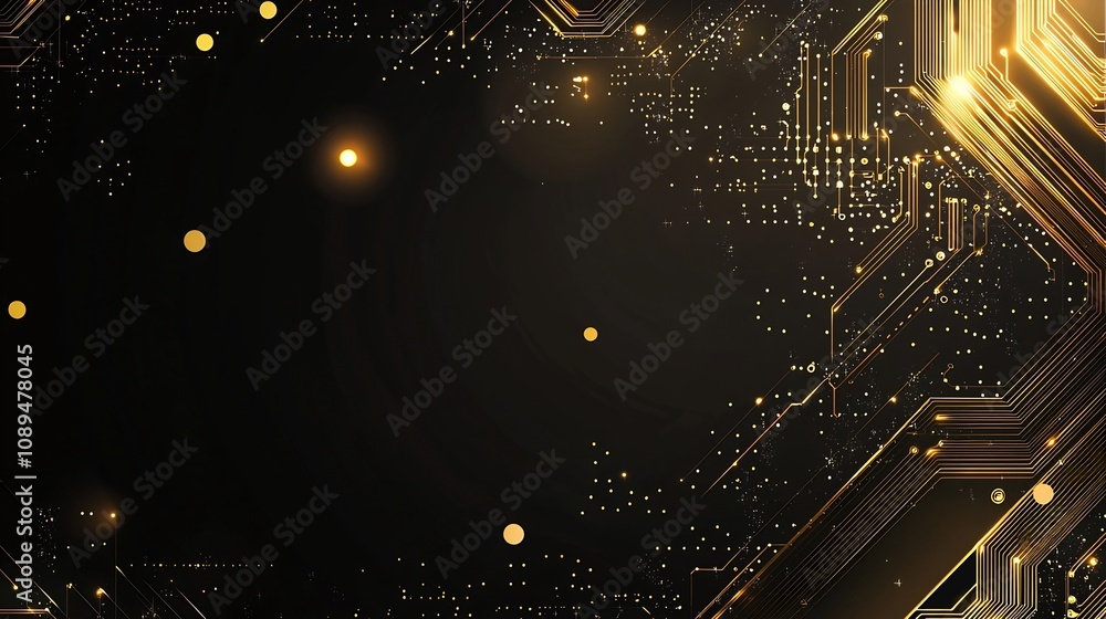 Poster radiant golden circuitry interlaced with computer motherboard elements on a dark elegant canvas show