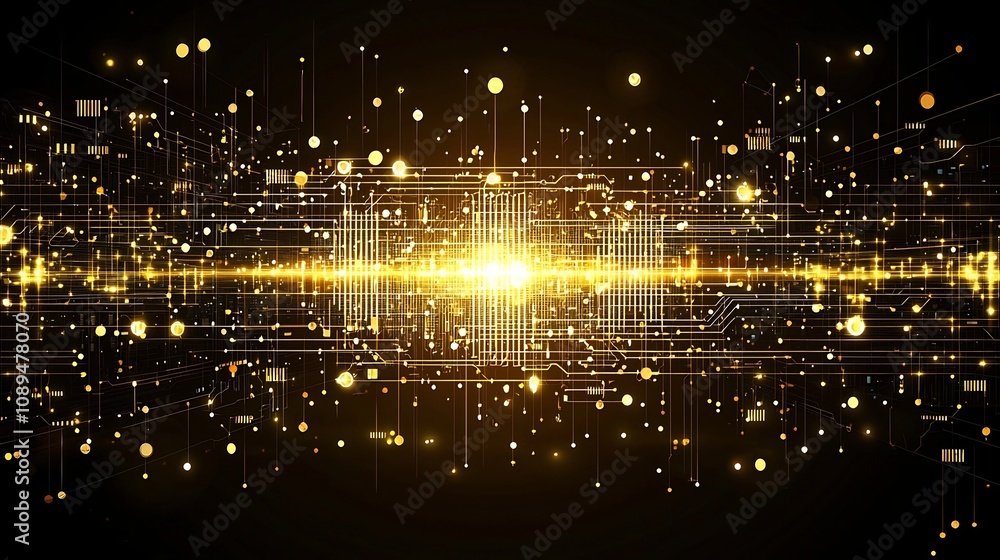 Poster radiant golden circuitry interlaced with computer motherboard elements on elegant dark canvas futuri