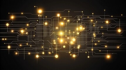 Obraz premium Radiant golden circuitry interlaced with computer motherboard elements on a dark elegant canvas showcasing an abstract technology themed background with chip concepts