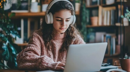 Focused Young Woman Studying at Home