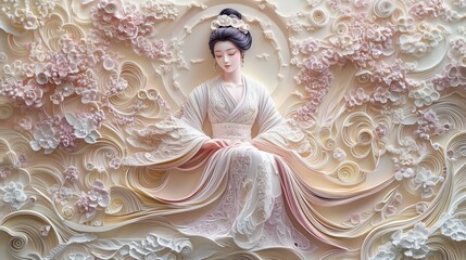 Paper Quilling Art of  showcasing a lady gracefully, Quilling Feminine Grace, Graceful Quilling Lady 