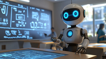 A robot tutor with expressive LED eyes and multi-functional arms assisting students in solving complex math problems on interactive smartboards in a futuristic classroom 