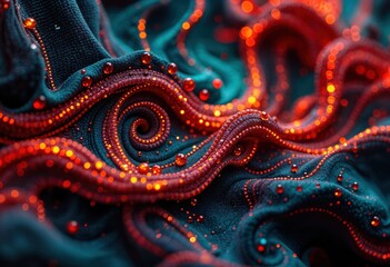 Obraz premium Mesmerizing Abstract Close-Up of Swirling Textures, Vibrant Red and Teal Hues, and Illuminated Droplets, Evoking a Sense of Elegance, Energy, and Intricate Detail