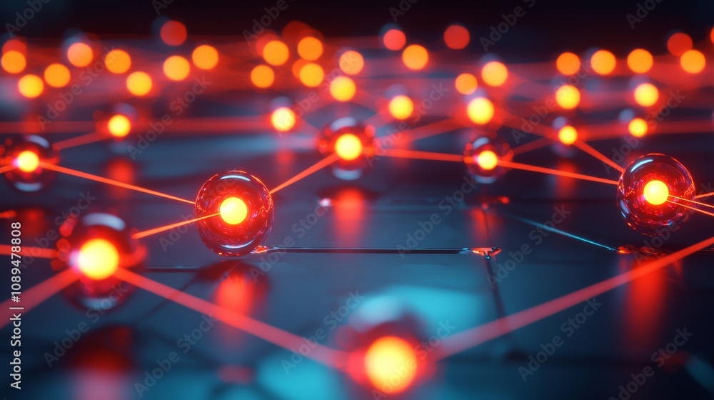 Poster a futuristic network of glowing nodes interconnected by vibrant lines, showcasing a visually appeali