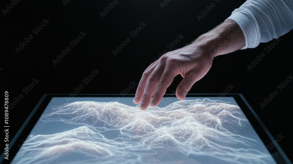 Poster a hand interacts with a digital surface displaying dynamic, textured visualizations, creating a tact