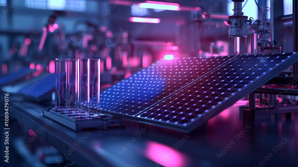 Poster a close-up view of a solar panel in a laboratory, illuminated with colorful lights, surrounded by la
