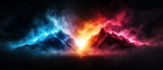 Fototapeta premium Surreal Mountain Landscape: Magma Veins and Swirling Auroras in the Sky 