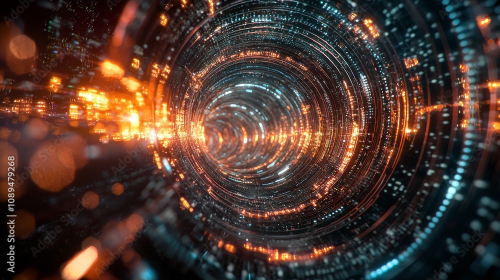 Poster a vibrant tunnel of light and technology, showcasing swirling patterns of illuminated particles agai