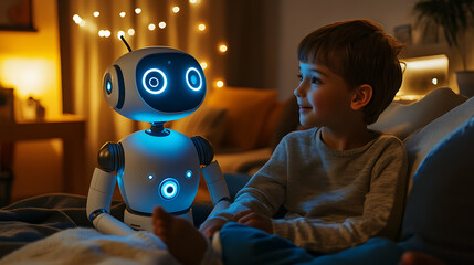 A cozy home environment where a robot tutor sits beside a child, projecting colorful 3D visuals and teaching through engaging, interactive storytelling methods 