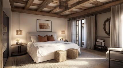 Fototapeta premium Warm and Cozy Interior Design Collection: Modern Bedrooms, Rustic Living Spaces, Minimalist Nursery, and Stylish Urban Lofts with Natural Light, Wooden Accents, Soft Textures, and Relaxing Ambiance