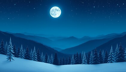 Fototapeta premium Winter Night Landscape, Full Moon over Snowy Mountains