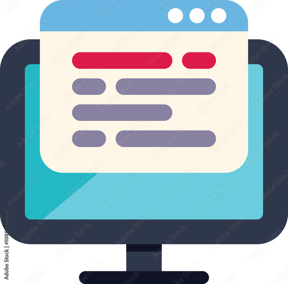 Poster computer monitor is showing a website interface with tabs, a search bar, and lines of text
