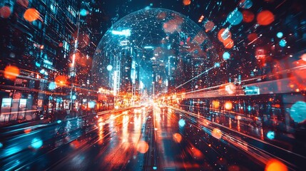 Obraz premium Shimmering quantum dome shields the panoramic night skyline of a futuristic high tech metropolis blending protection confinement and a sense of an immersive visionary urban environment