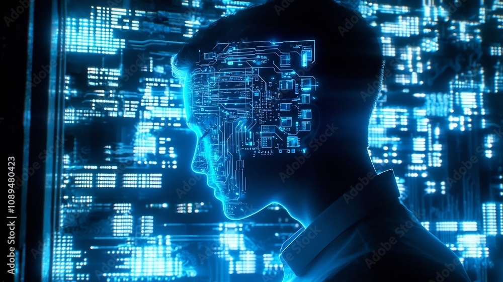 Poster silhouette of an anonymous hacker with a glowing chip integrated into a light blue laptop layered on