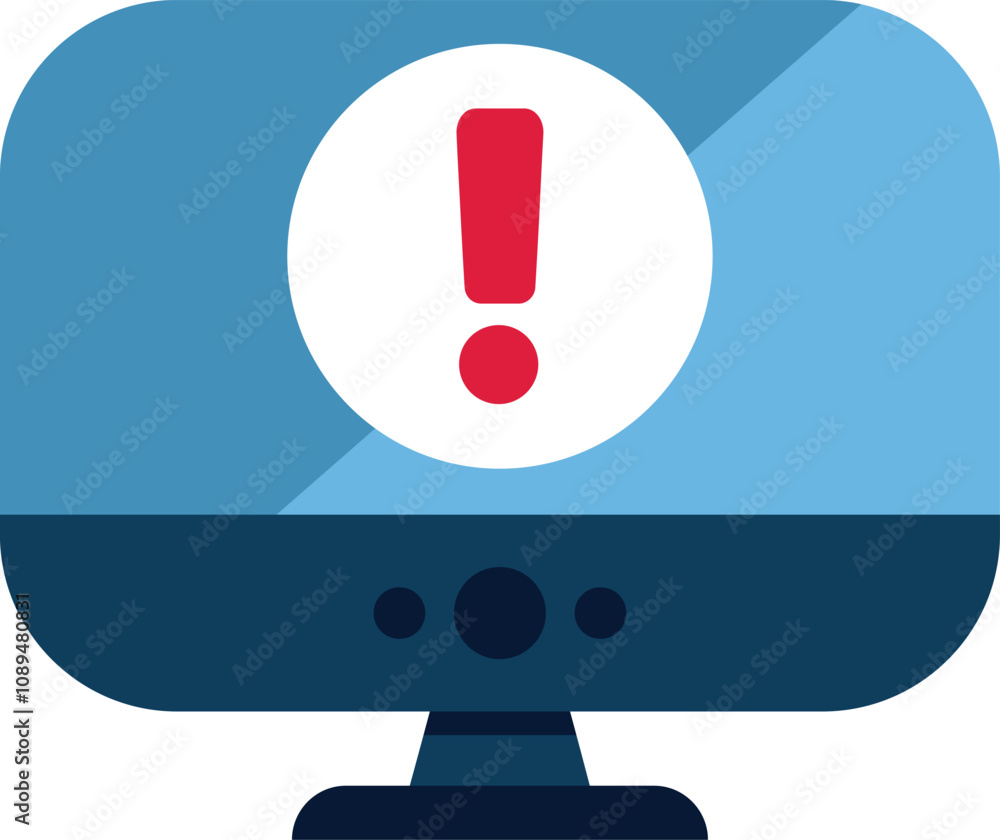 Poster desktop computer displaying an important warning message on screen