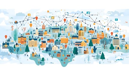 A world map with icons of people and social media network connection