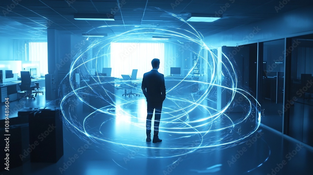 Poster Sleek modern office with holographic quantum data streams swirling around a businessman in deep contemplation depicting the of advanced data security and surveillance technology