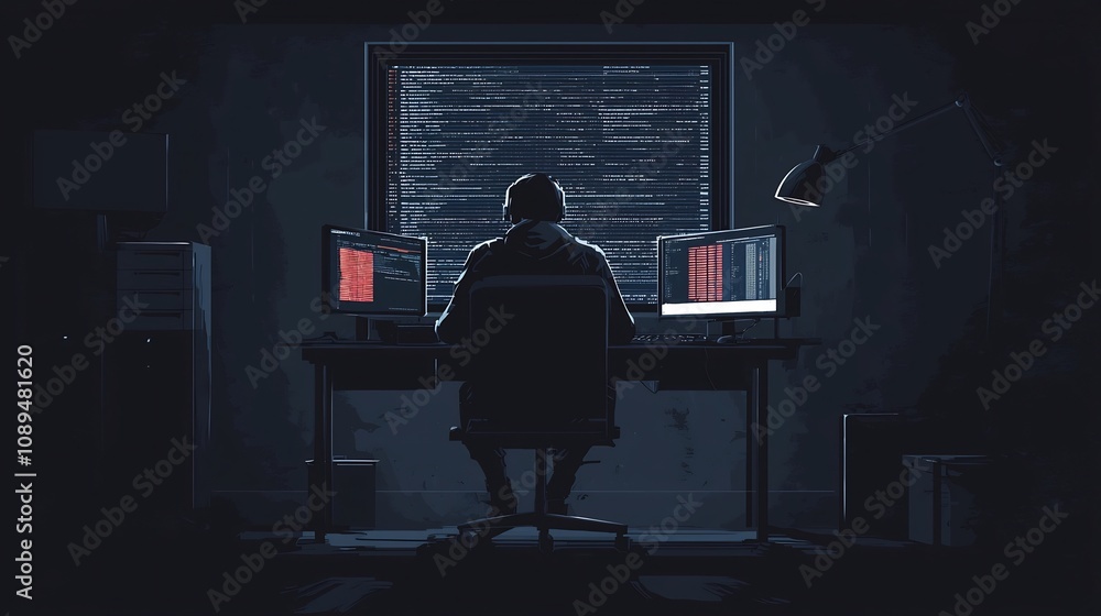 Poster solitary hacker silhouetted in a dark room illuminated by a quantum data hologram and surrounded by 