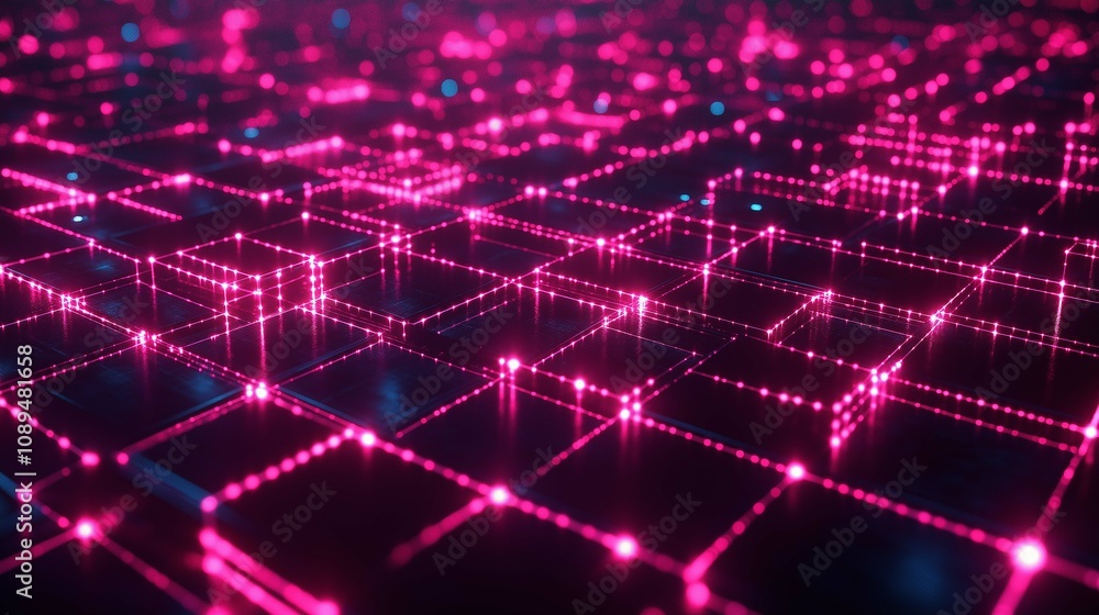 Poster futuristic abstract background featuring glowing pink grid with dazzling lights and digital elements