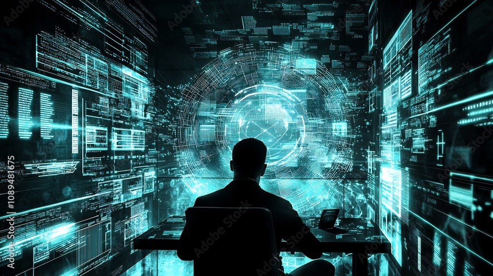 Poster solitary hacker navigating through a dark enigmatic room illuminated by a futuristic quantum data ho