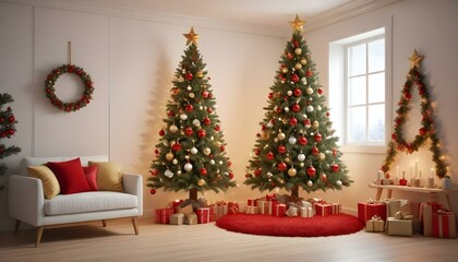 Árbol de Navidad en un Espacio Acogedor Un árbol de Navidad decorado con luces y adornos en tonos dorados y rojos, colocado en un rincón de una sala moderna con un fondo de pared blanca o de madera