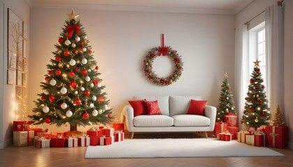 Árbol de Navidad en un Espacio Acogedor Un árbol de Navidad decorado con luces y adornos en tonos dorados y rojos, colocado en un rincón de una sala moderna con un fondo de pared blanca o de madera