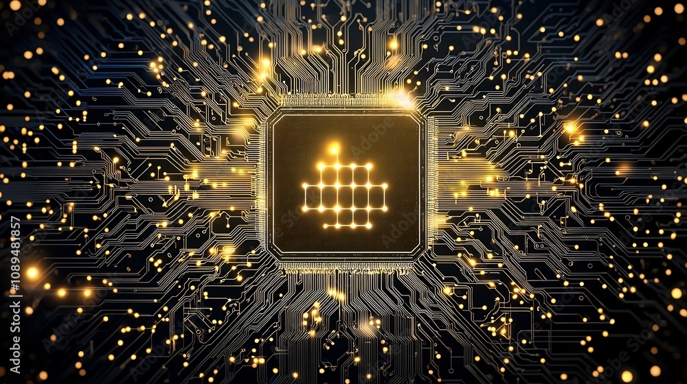 Poster sophisticated tech themed backdrop featuring a complex grid of glowing golden circuitry and dark mot