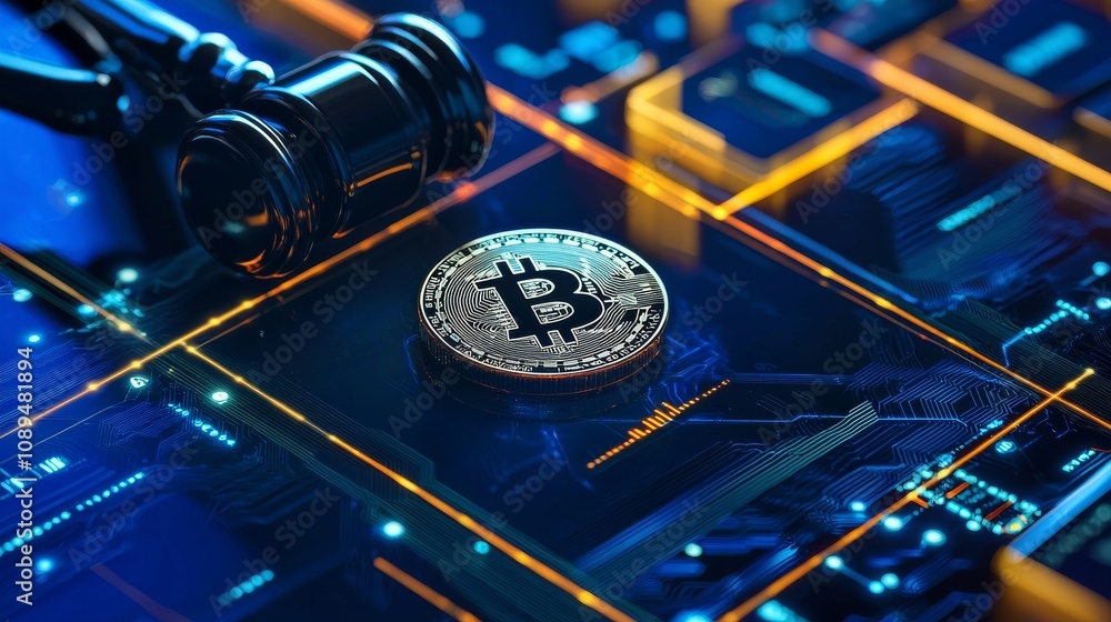 Aufkleber a bitcoin coin is displayed prominently with a gavel, symbolizing the intersection of cryptocurrency