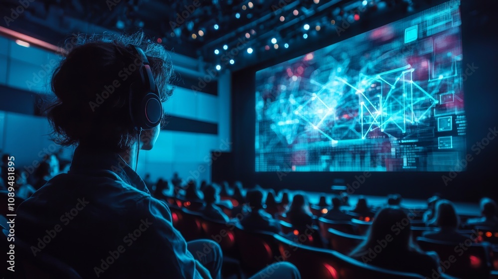 Poster a person observes a vibrant digital display in a dark auditorium, showcasing interconnected data and